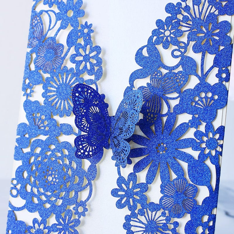 Hosmsua 5.12 x 7.3 Inch 20PCS Royal Blue Quinceanera Invitation Kit Laser Cut Lace Flora Butterfly Invitation Pocket with Envelope Invitation for Bridal Shower QuinceaÃ±era (Royal Blue Glitter) - Image 5